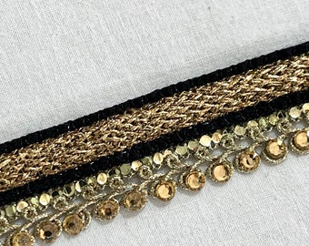 Black woven trim, Black n gold trim, Golden woven trim. Golden crystals trim, Edging trim, formal wear trim, Home decor trim.