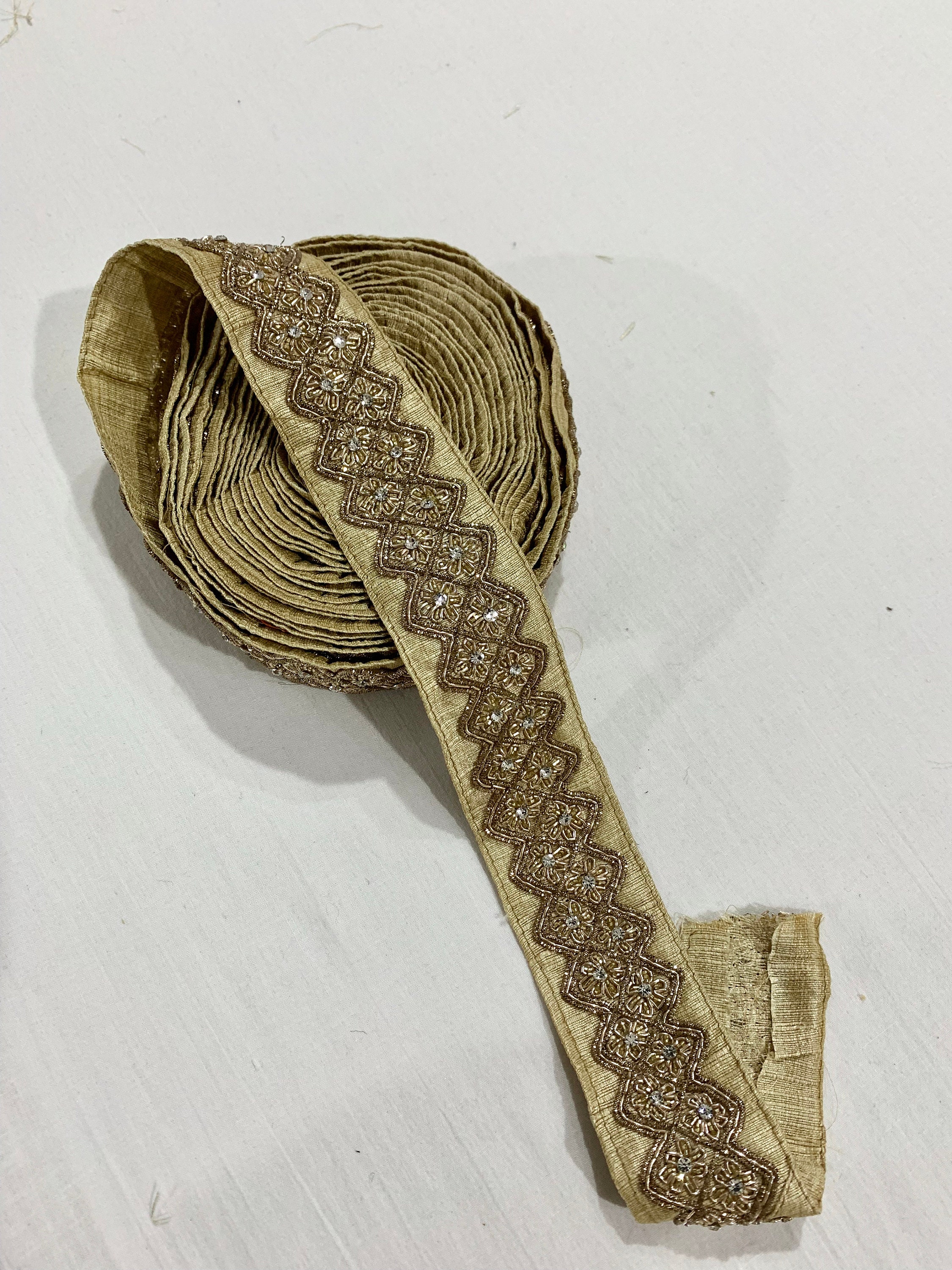 Antique Gold Trim Embroidered With Zardosi Thread & Crystals Etsy