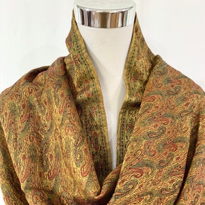 Long Golden silk wool shawl, hand woven Paisley shawl, formal n casual wear shawl, gifting shawl, jacquard shawl, golden n Red n Green shawl image 2