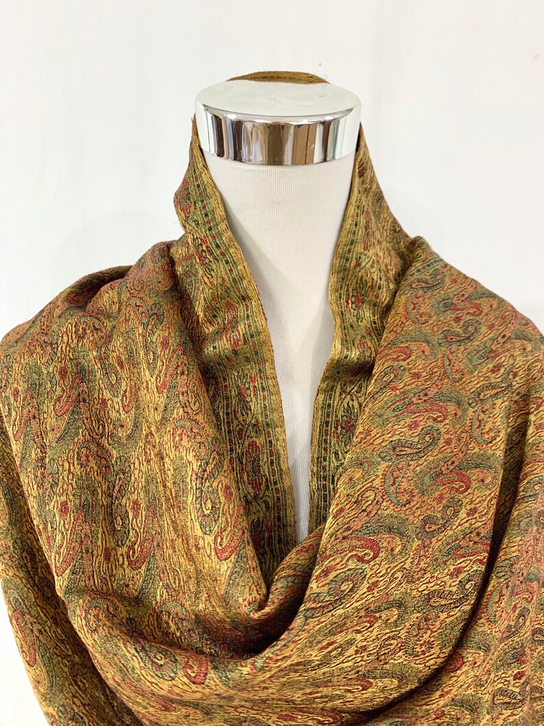 Long Golden silk wool shawl, hand woven Paisley shawl, formal n casual wear shawl, gifting shawl, jacquard shawl, golden n Red n Green shawl image 2