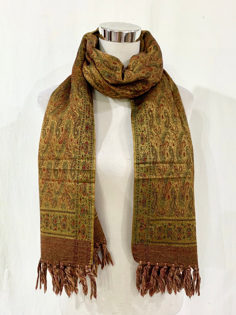 Long Golden silk wool shawl, hand woven Paisley shawl, formal n casual wear shawl, gifting shawl, jacquard shawl, golden n Red n Green shawl image 6
