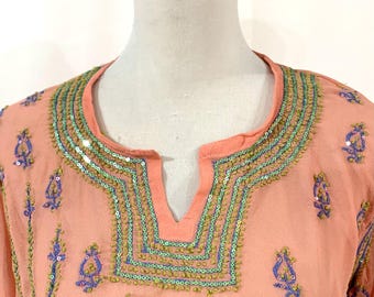 Boho-Chic Peach Viscose Georgette Embroidered Kaftan Top, Artisanal Hand-Embroidered Peach Georgette Tunic with Sequins.