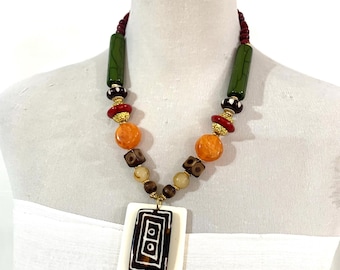 Bohemian Style Batik Rectangular Medallion Statement Necklace with Olive Green Cylinder Beads, Earth Tone Beaded  Necklace with Gold Clasp 