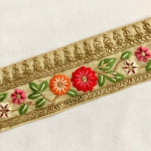 Gouden zijden trim, bloemen trim, zijden bruiloft trim, handgeborduurde trim, home decor trim, rand trim, inrichting trim, rode bloem trim.