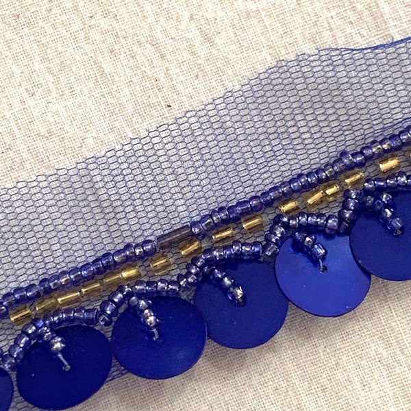 Royal Blue Embroidered Tulle Net Trim, Glass Beaded Sequin Disc Fringe, Traditional Indian Sari Border, Belly Dance Boho Sewing Trim