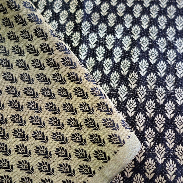 Black Brocade Fabric - Gold Brocade Fabric - With Golden Leafy Pattern