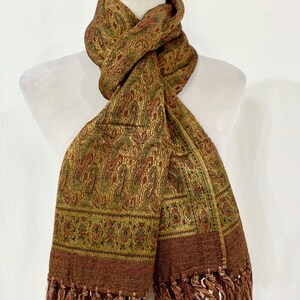 Long Golden silk wool shawl, hand woven Paisley shawl, formal n casual wear shawl, gifting shawl, jacquard shawl, golden n Red n Green shawl image 5