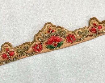 Apricot Embroidered Trim, Raw silk Trim, Golden Cord Embroidered, Floral Border Trim, Costume Trim, Boho Sewing Trim