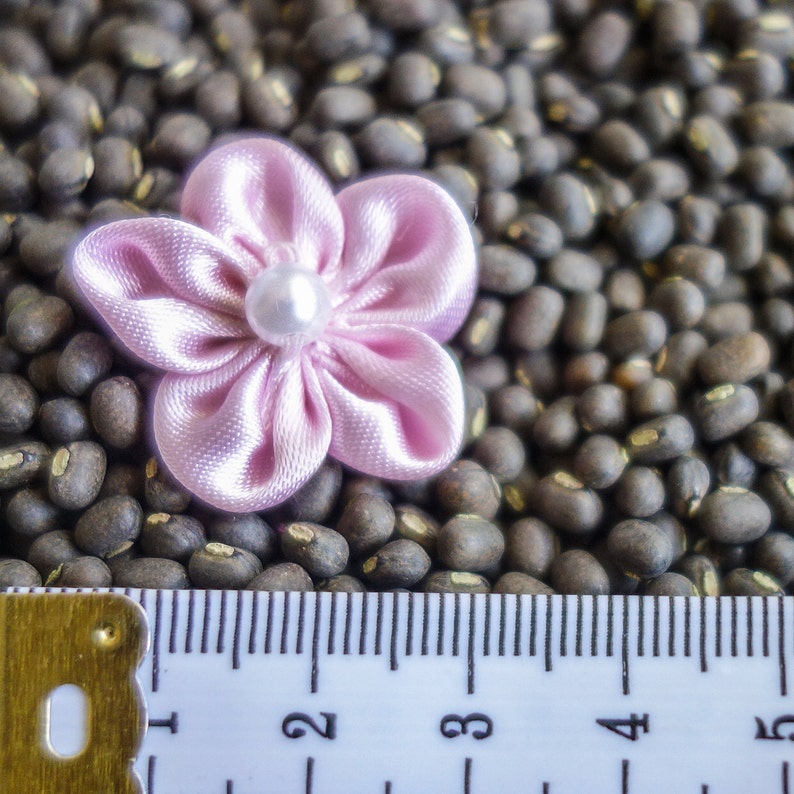 Pink small Shiny Gathered Woven Ribbon Flower with Pearl Etsy