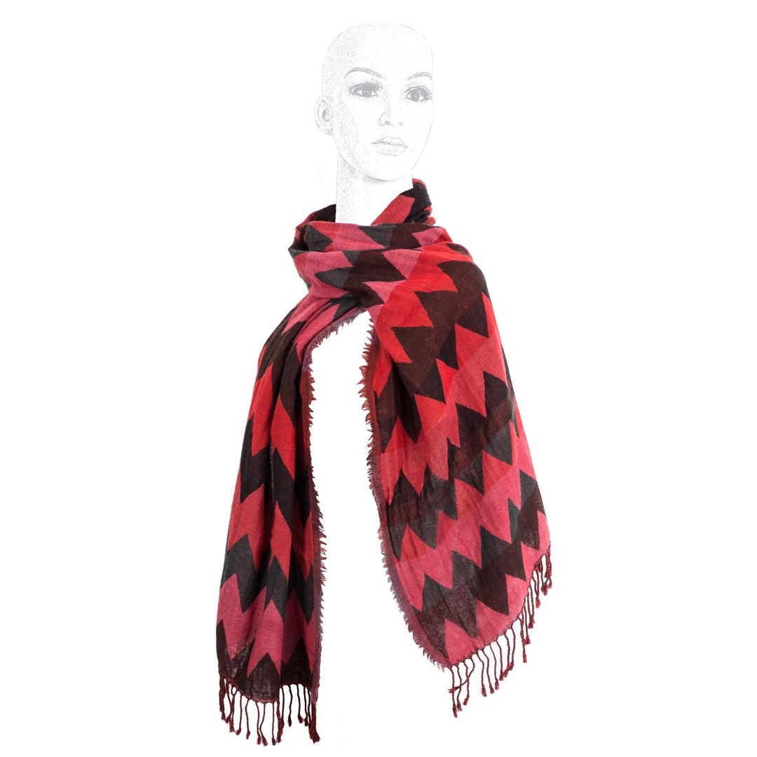 Red Zigzag Wool Scarf, Extra Soft Pure Wool Scarf, Black N