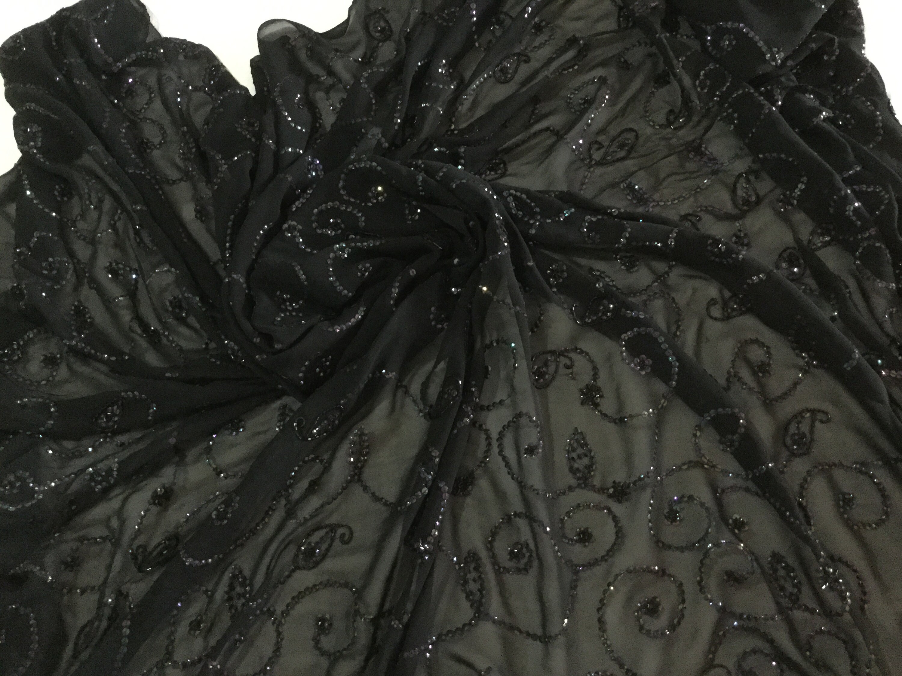 Silk Fabric Black Sheer Fabric Hand Beaded Fabric With