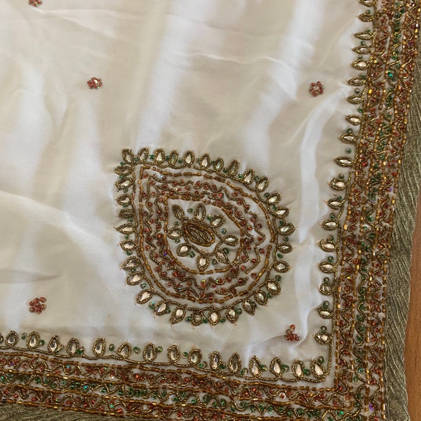Cream Antique gold border sari, Hand Embroidered Poly Crepe Sari, Formal Wear Indian Saree, Feel Good Saree, Sewing Fabric.
