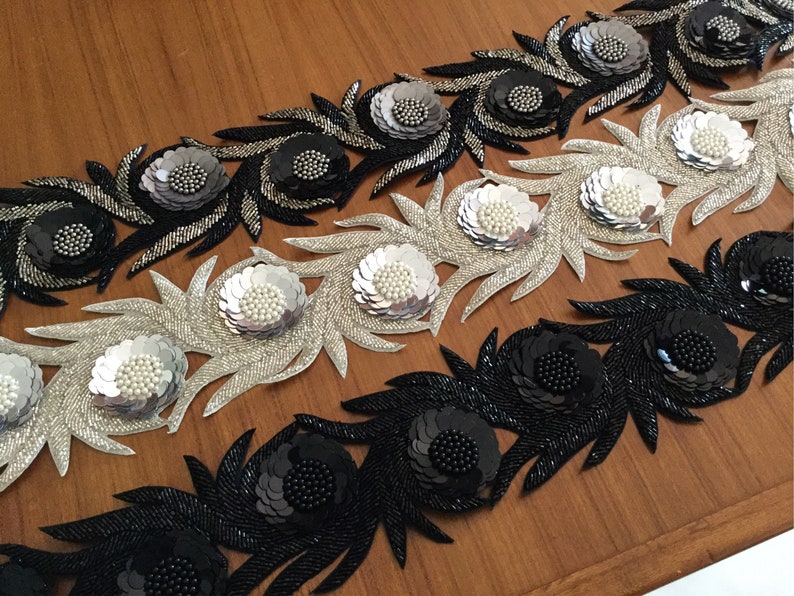 Black Beaded Trim, 3 Dimensional Trim, Hand Embroidered Trim, Formal wear trim, Designer trim, High Fashion trim, cur work trim. image 4