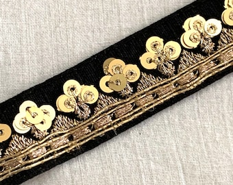 3 yards of Black n Gold Trim, Gold Metallic Embroidered Trim, Border Trim, Belly Dance Costume Trim, Boho Sewing Trim, Home decor Trim.