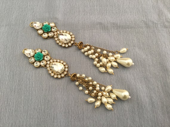 Ornamental Golden Tassel- Rhinestones Tassel- Crystals Tassel - Pearls Tassel - Aqua Synthetic Rose - Pair of Tassels