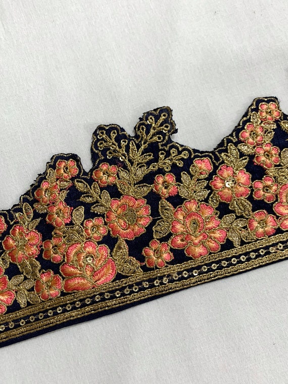 Broad Navy Blue Trim - Floral Trim - Golden Metallic Thread Trim - Golden Sequins Trim - Embroidered trim - Border trim, Home decor trim.