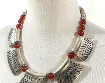 Carved and Textured Silver tone Chevron Segmented Bib Collar with Red Amber tone Beads Necklace.