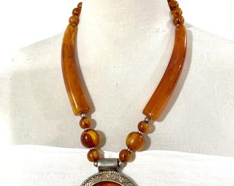 Bohemian Amber-Tone Statement Medallion Necklace, Vintage Golden Amber Resin, Oxidised Silver Filigree Pendant and Curved Bar Necklace.