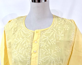 Large Yellow Cotton kaftan, Hand embroidered Summer Tunic, Lucknowi Chikankari Kurti, 100% cotton Kaftan top, casual and formal wear.