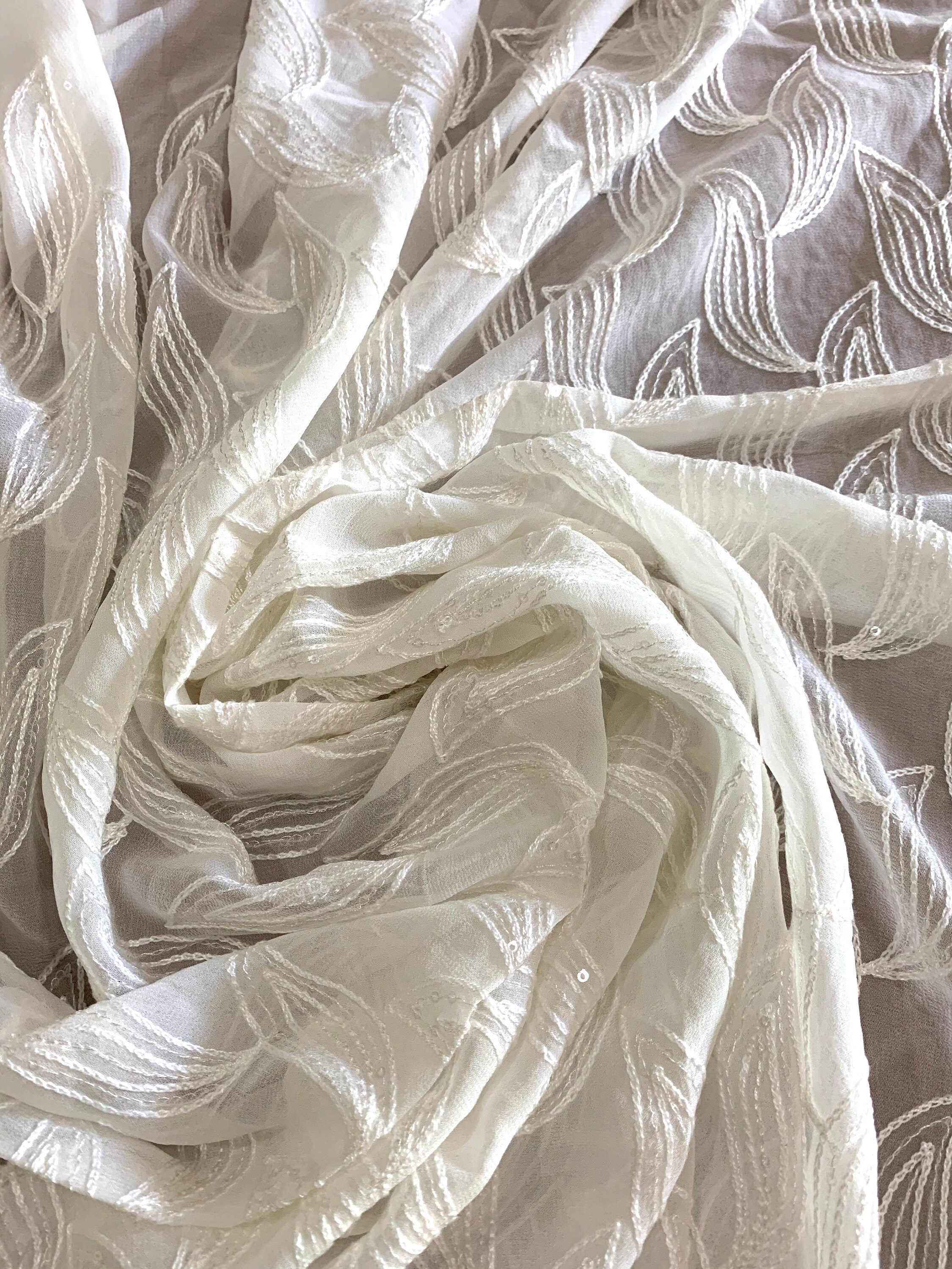 Silk Thread Fine Art Chiffon Fabric Clear Sequin Embroidery Cream 