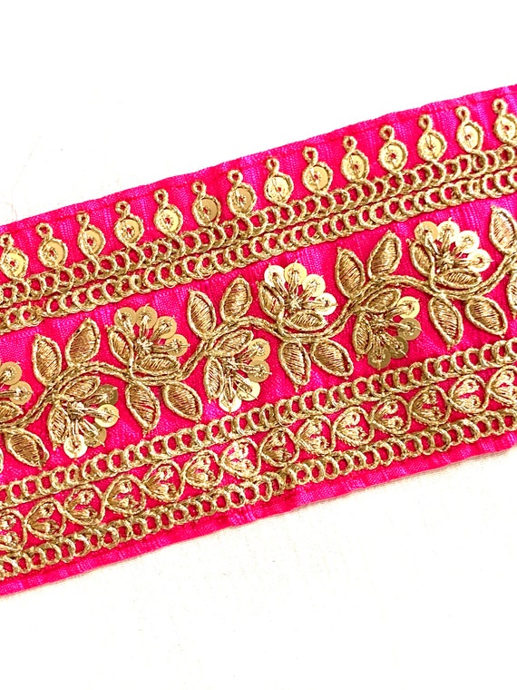 Hot Pink Embroidered Raw Silk Trim, Gold Metallic Sequins Golden Thread Traditional Indian Sari Border, Belly Dance Costume Boho Sewing Trim