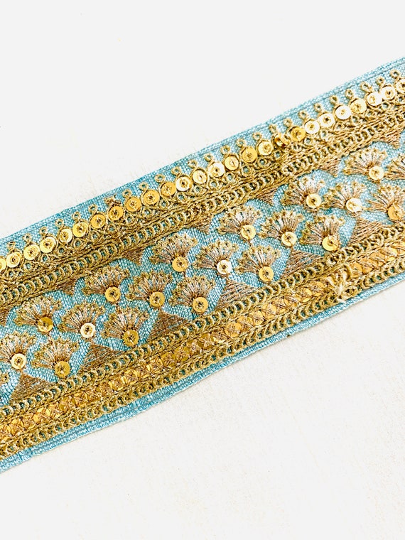 Soft Blue Embroidered Raw Silk Trim, Gold Metallic Sequins Golden Thread, Traditional Indian Sari Border, Belly Dance Costume,Sewing Trim