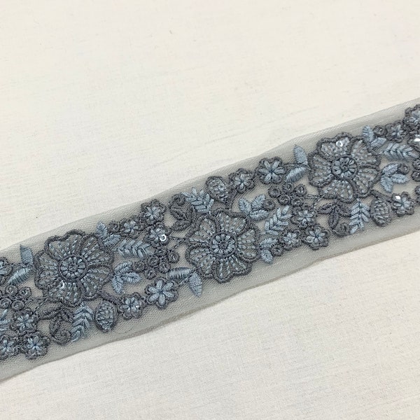 Blue n Grey trim, Cloud Grey embroidered trim, Luxurious tulle border trim, formal wear trim, Home decor trim.