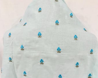 Blue Terry Cotton Fabric, Soft Blue Embroidered fabric, Cut Work Border, Floral Embroidery, Formal or Casula wear fabric, Home Decor fabric.