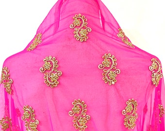 Pink Tulle Fabric, Bridal Tulle Fabric, Pink n Gold  Fabric, Couture Dress fabric, Embroidered Fabric, Hot Pink Fabric, Embellished fabric.