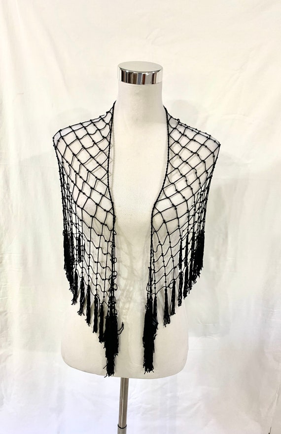 Black mesh scarf, Black Hand knotted scarf, hand beaded scarf, triangular fringed scarf, soft and flexible scarf