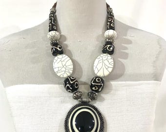 Chunky Black and White Statement Necklace with Bullseye Pendant, Tribal Style Resin & Horn Swirl Bead Necklace.