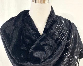 Crushed Velvet Black Scarf, hand embroidered black scarf,Fringed black scarf, winter feel good scarf