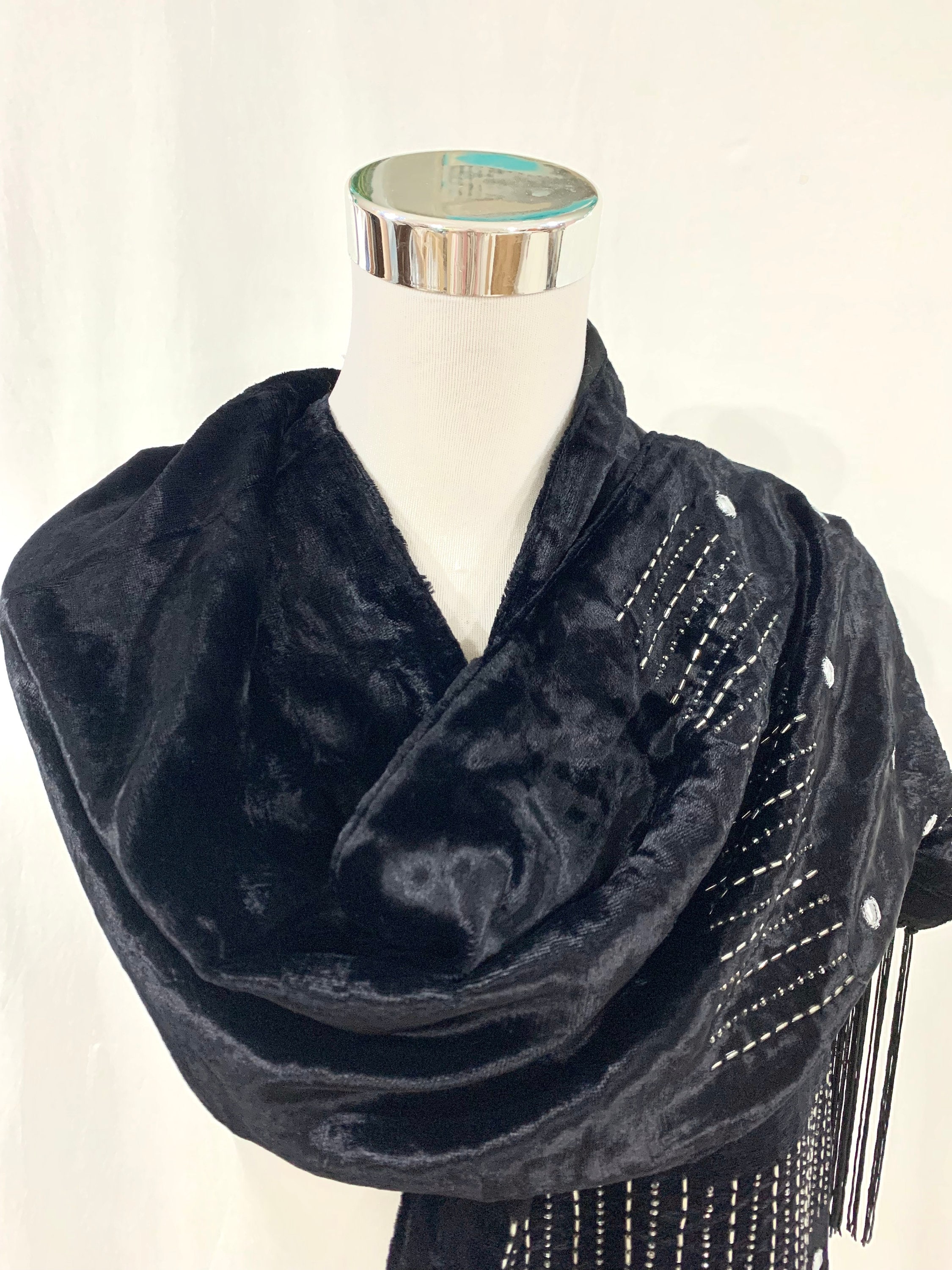 Crushed Velvet Black Scarf, Hand Embroidered Black Scarf