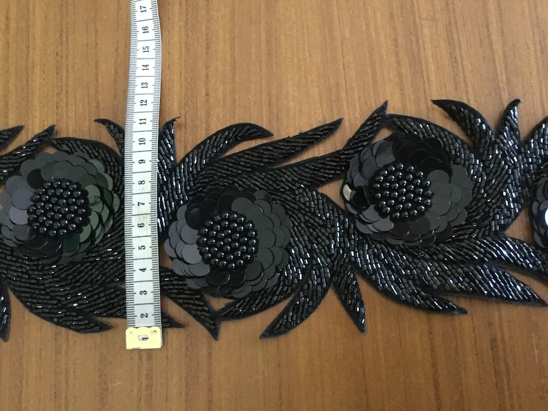 Black Beaded Trim, 3 Dimensional Trim, Hand Embroidered Trim, Formal wear trim, Designer trim, High Fashion trim, cur work trim. image 5