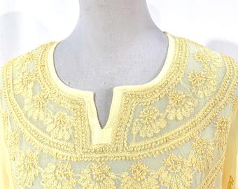 Sunshine Yellow Viscose Georgette Hand Embroidered Tunic Top,  Artisanal Chikankari-Style Soft Yellow Georgette Tunic.