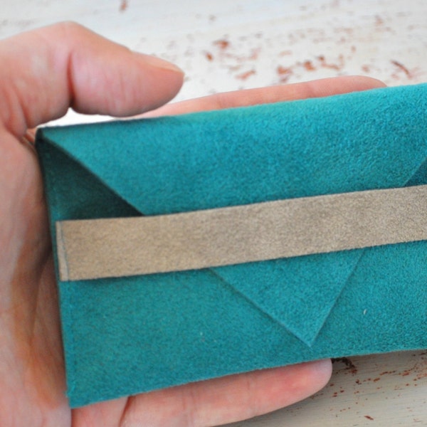 Turquoise Faux Suede Mini Wallet , Card Holder
