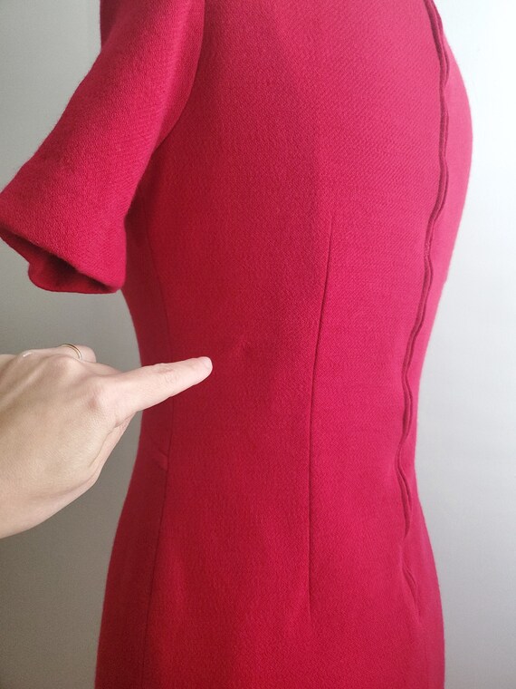 50s Ruby Red Wool Holiday Wiggle Dress - image 4