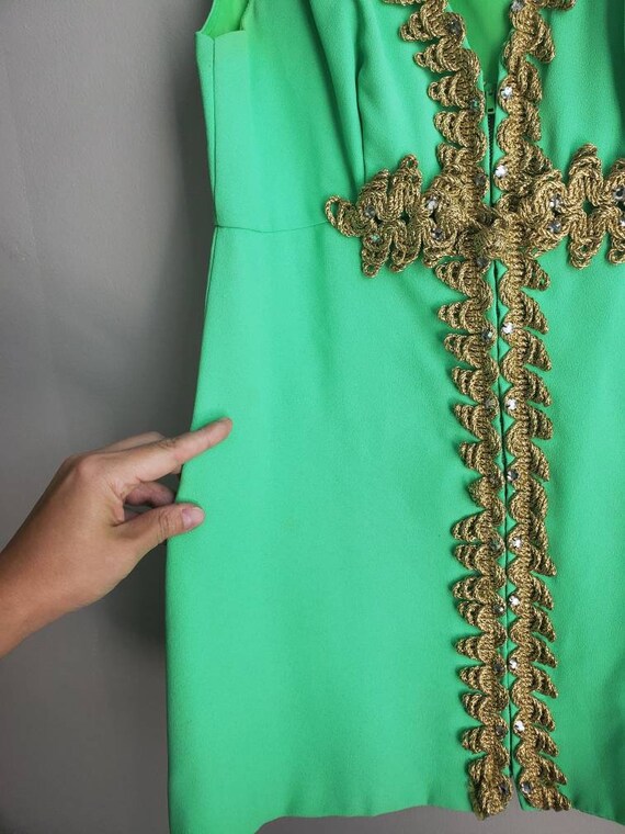 Vintage 60s Neon Green Mod Rhinestone Crepe Vest … - image 7