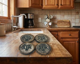 Texas A&M Wood and Cowhide Coasters (set of 4)