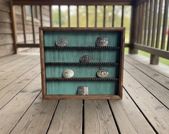 Rustic Western Buckle Display: 20-Buckle Turquoise Rodeo Award Shelf