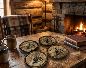 Barrel Racer Cowhide and Wood Coasters (set of 4)