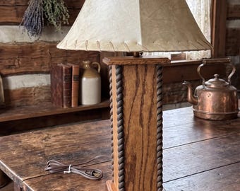 Solid Red Oak Table Lamp – Provincial stain, Faux Leather Shade