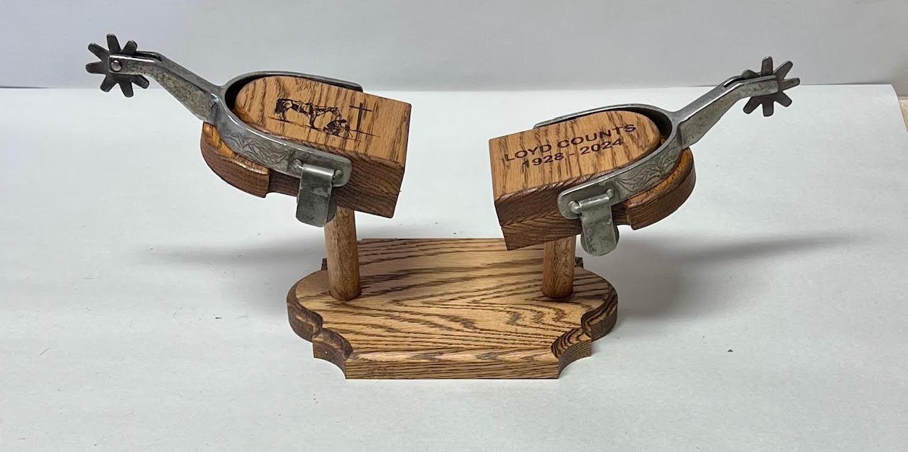 ENGRAVED Red Oak Trophy Spur Display Stand - The perfect display piece for those championship or heirloom spurs