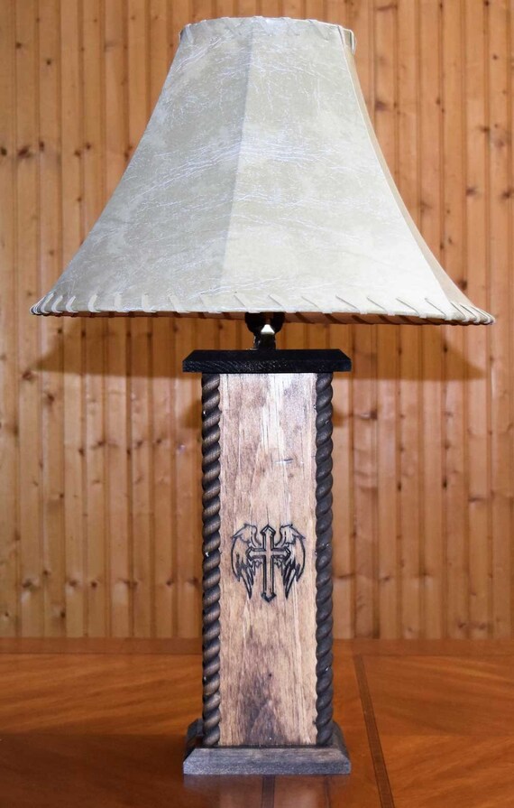 24 Rustic Lamps Western Lamps Engraved Winged Cross Etsy
