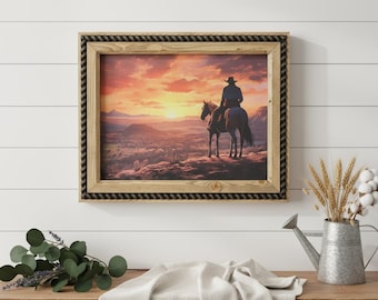 12" x 16" Cowboy Sunrise Canvas Print in Handcrafted Rustic Frame