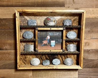 Handcrafted Belt Buckle Display Case – 8x10 Picture Frame, Cowhide Background