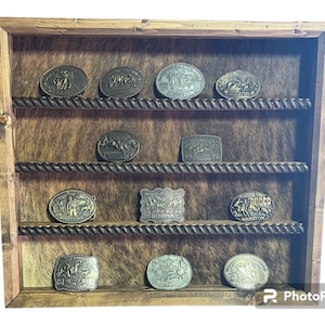 20 Buckle Rustic Western Buckle Display with Cowhide Backing and no stars. The perfect way to display your buckles from barrel racing, Bull