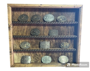 20 Buckle Rustic Western Buckle Display with Cowhide Backing and no stars. The perfect way to display your buckles from barrel racing, Bull