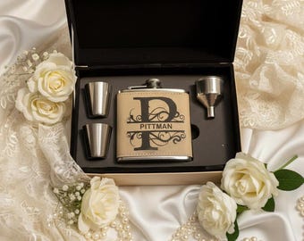 Engraved Leatherette Flask Set - Groomsman or Wedding Gifts