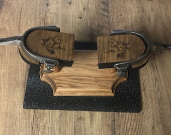ENGRAVED RED OAK Trophy Spur Display Stand - The perfect display piece for those championship or heirloom spurs
